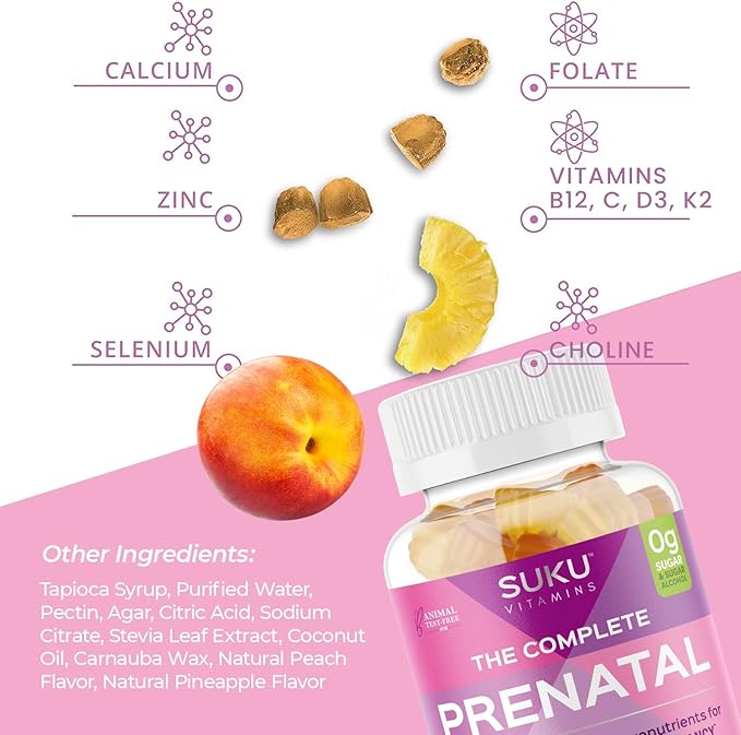SUKU Prenatal Multivitamin Gummies – Folate Calcium Vitamin D3 B12 K2 – Sugar-Free Vegetarian Gluten-Free Pregnancy Support – Pineapple Peach Flavor – 60 Count