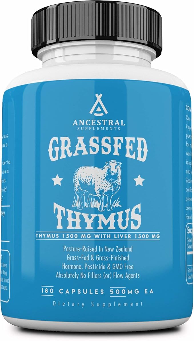 Ancestral Supplements Grass Fed Ovine (Sheep) Thymus Glandular Extract 3000mg Histamine Energy Allergy and Immune Support Supplement with Grass Fed Beef Liver Non GMO 180 Capsules