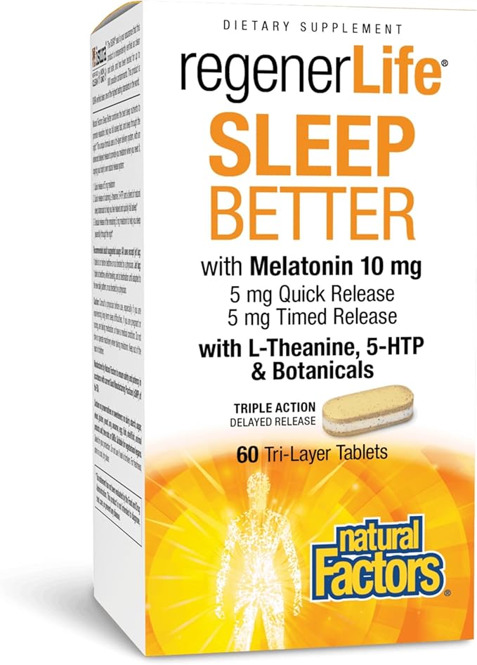 Natural Factors RegenerLife Sleep Better - Sleep Support Supplement with Quick &amp Timed Melatonin Release &amp Botanical Blend - Non-Habit Forming &amp Drug-Free - 60 Tablets (60 Servings)