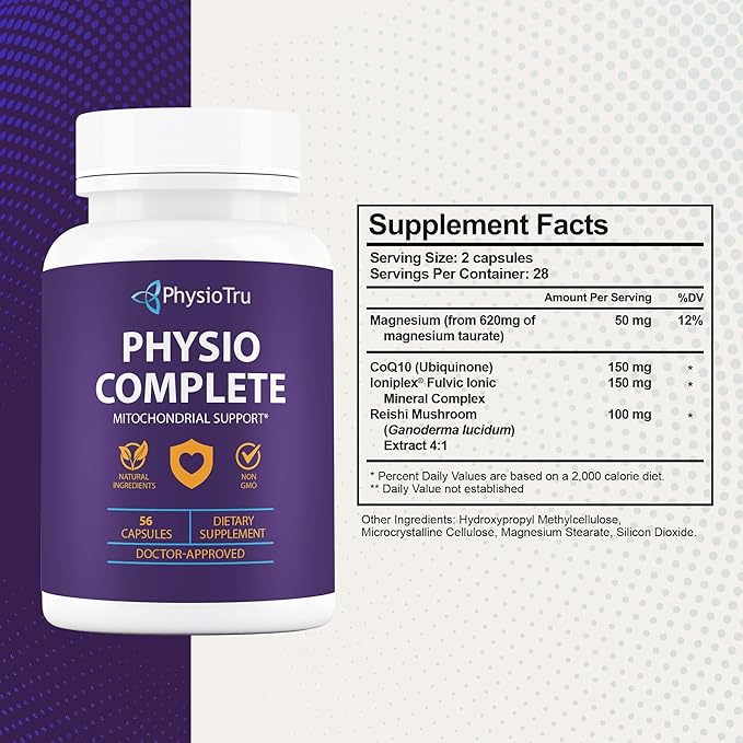 PhysioTru Physio Complete CoQ10 Supplement - Superior Nutrient Absorption Antioxidant &amp Energy Support - Coenzyme Q10 Ubiquinone with Fulvic Acid Magnesium Taurate &amp Reishi Extract - 1 Pack