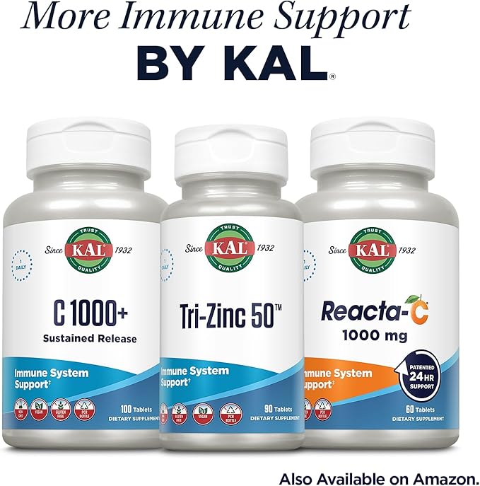 KAL Quercetin Reacta-C Bromelain Immune Support Supplement 24 Hour Immune Defense with Bioflavonoids Vitamin C 1000mg and Quercetin 500mg Vegan Gluten Free 60-Day Guarantee 30 Serv 60 Tablets