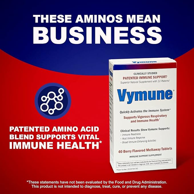 Vymune Amino-Acid Advanced Immune Support Supplement with Powerful Amino Acids Taurine Lysine and Threonine Meltaway Tablets Berry Flavored – for Adults (800mg Vitamin C 40ct.)