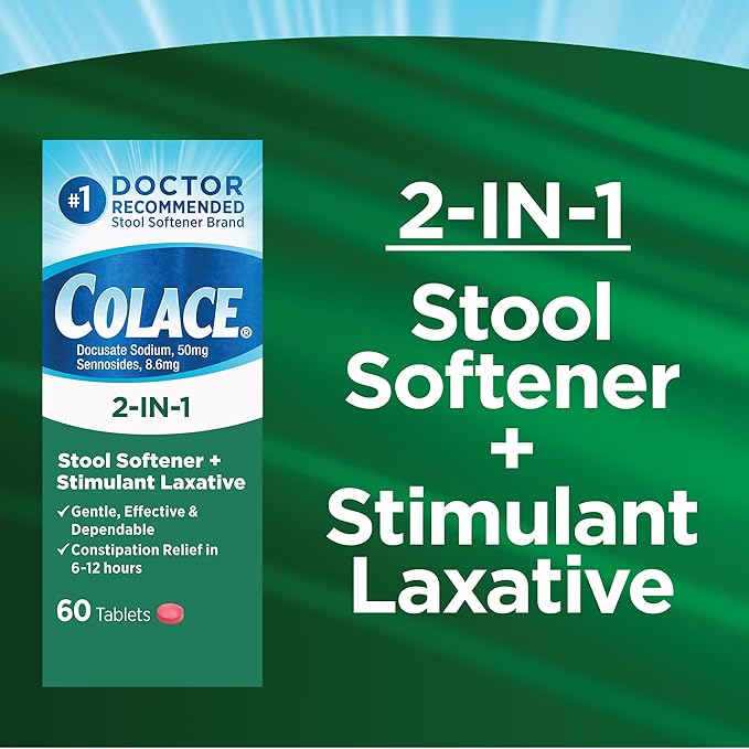 Colace 2-in-1 Stool Softener Plus Stimulant Laxative for Gentle Effective Constipation Relief Docusate Sodium Plus Sennosides 60 Count and 30 Count