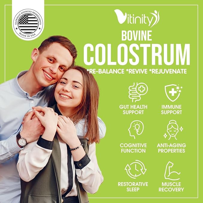 VITINITY Grass Fed Bovine Colostrum Capsules for Humans - Natural IgG Colostrum Supplement for Gut Health Immune Support Muscle Recovery &amp Wellness | Pure Colostrum Superfood Unflavored (120 Co