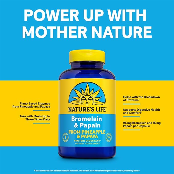 Nature's Life Bromelain &amp Papain Proteolytic Enzyme Supplement for Men &amp Women - From Pineapple &amp Papaya Digestive Health Support Veg Caps Bromelain 250 mg and Papain 250 mg - 250 Capsul