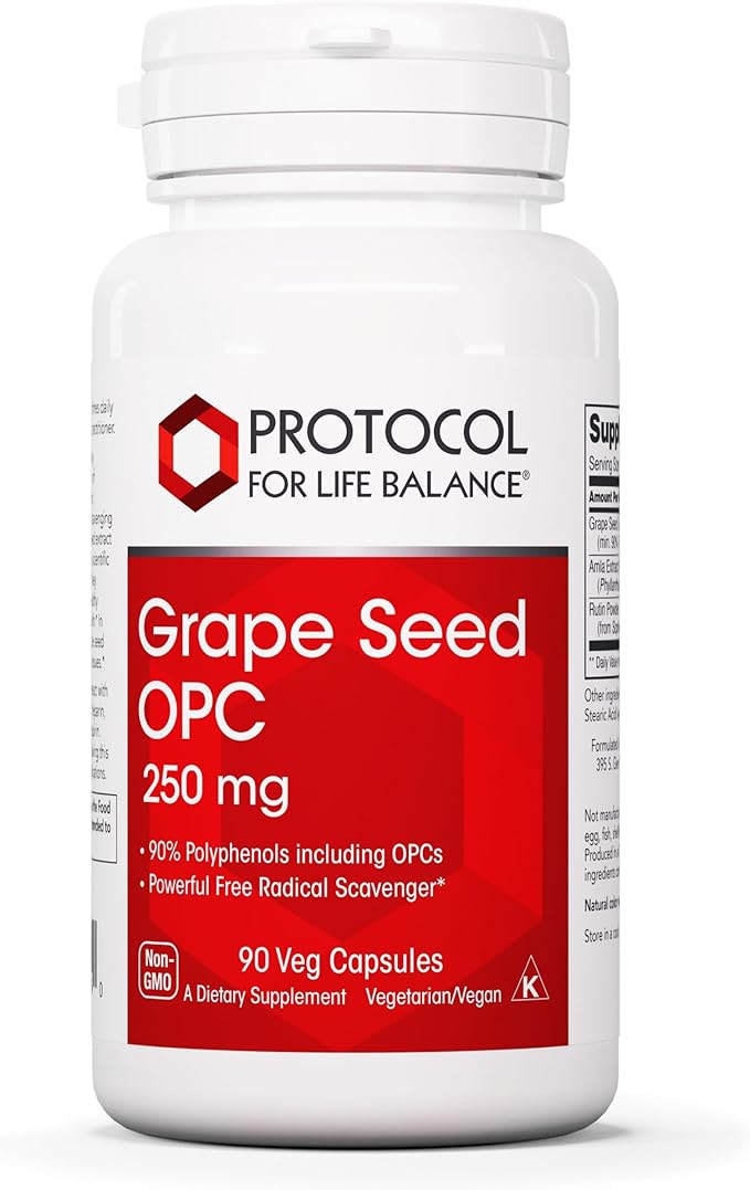 PROTOCOL FOR LIFE BALANCE Grape Seed OPC - 250mg - 90% Polyphenols - with Rutin &amp Amla Fruit Extract - Grape Seed Capsule - Non-GMO &amp Kosher - 90 Veg Caps