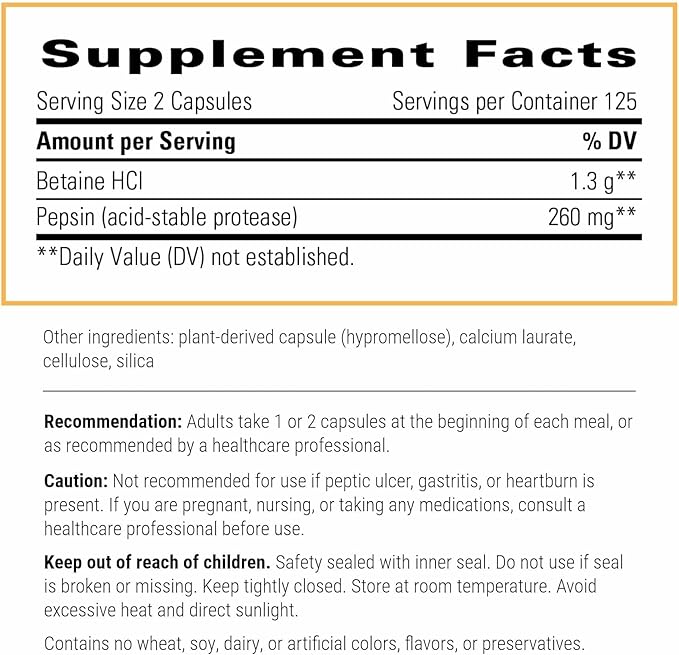Integrative Therapeutics Betaine HCl - Digestive Support Supplement for Healthy Stomach Acidity* - Supports Gastric Function &amp Protein Digestion* - Dairy-Free - 250 Capsules (125 Servings)
