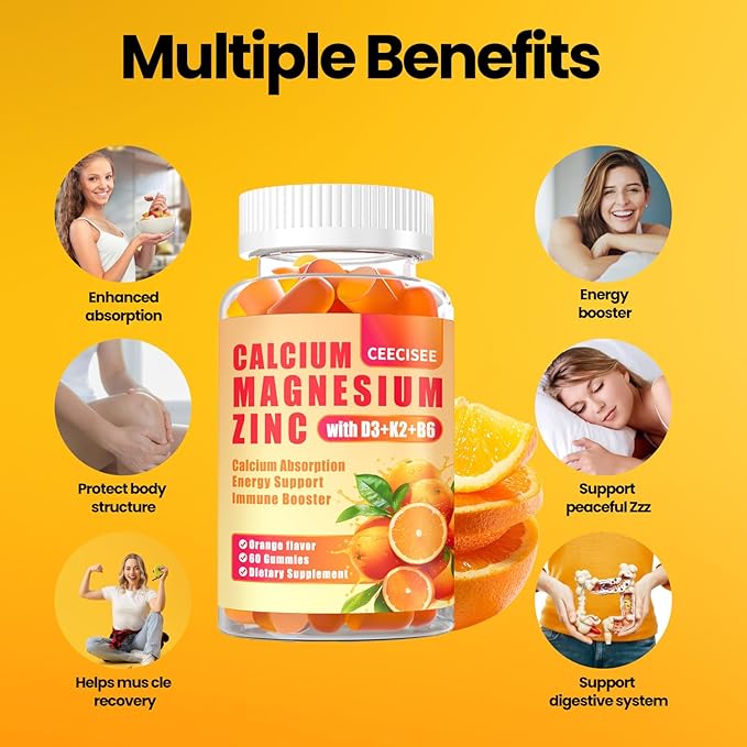 Calcium Magnesium Zinc Gummies with D3 &ampB6 &ampK21000mg Calcium Gummies with 300mg Magnesium Support Immune Energy for Adults and TeensSugar Free(120Count)