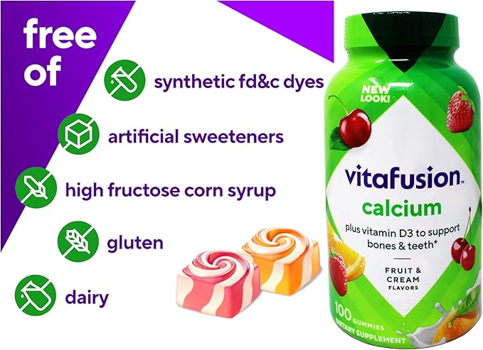 VitaFusion Calcium 500 mg Dietary Supplement Gummies Natural Fruit and Cream Flavors - 100 ct Pack of 2