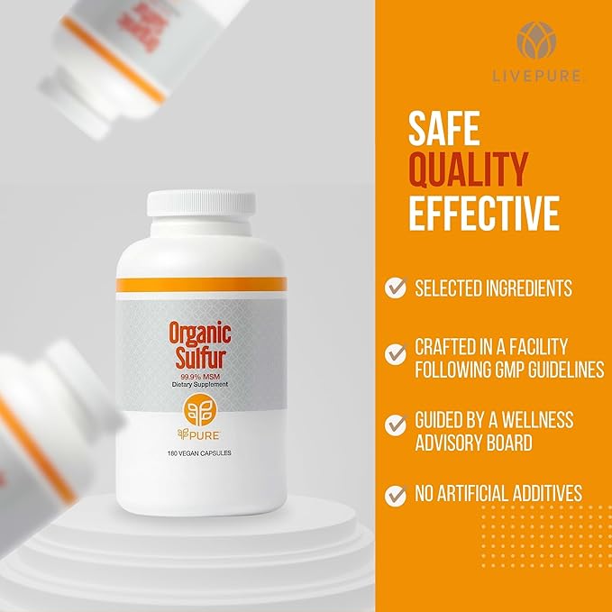 PURE | Organic Sulfur MSM | 180 Capsules | Premium MSM Powder for Joint Health | MSM Powder for Hair Growth and for Enhanced Health of Hair Skin and Nails | Vegan Non-GMO and Gluten Free