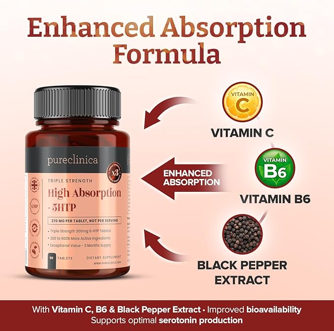 pureclinica 5HTP 300mg x 180 Tablets (2 Bottles with 90 Tablets in Each - 6 Months Supply. with 220mg Vitamin C B6 and Black Pepper Extract. SKU: 5H3x2