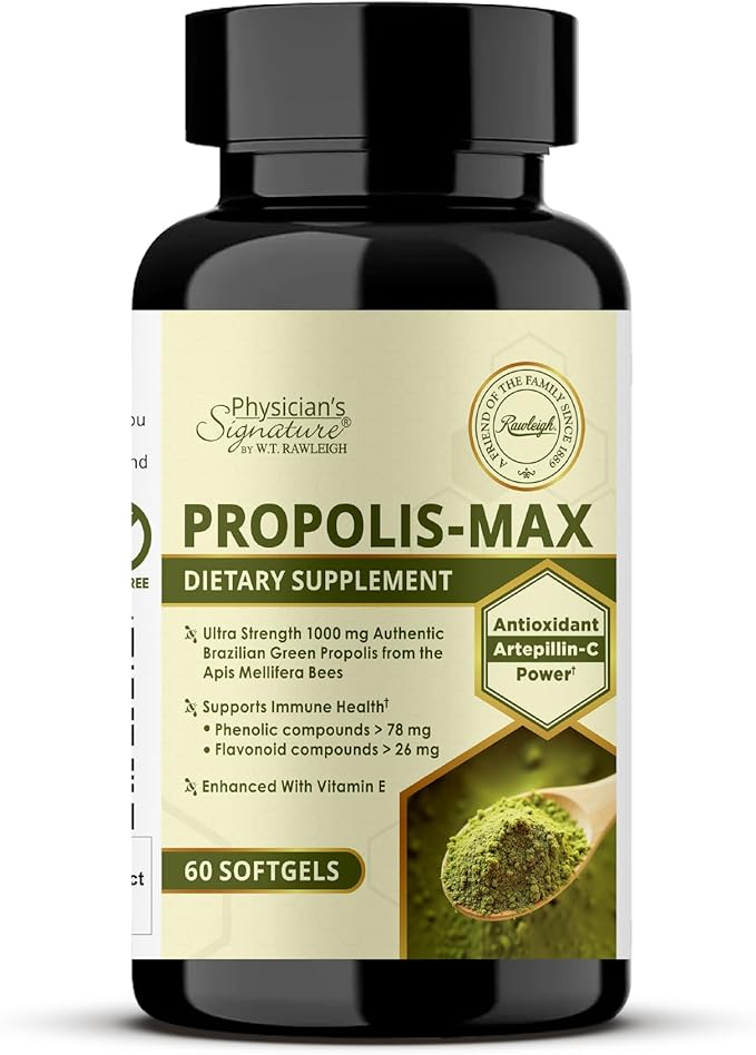 Rawleigh Propolis Max: 60 Vegetarian Softgels - Brazilian Green Propolis with Phenolic Flavonoid &amp Artepillin C Compounds &amp Vitamin E - Supports Immunity Wellness