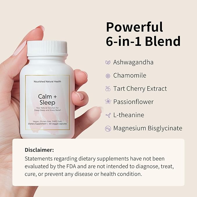 Nourished Natural Health Calm + Sleep – Relaxation &amp Melatonin-Free Sleep Supplement for Women Cortisol Support with Ashwagandha L-Theanine Magnesium &amp Valerian Root – Vegan &amp Non-GMO –