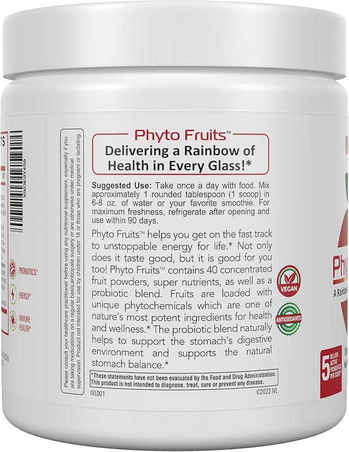 IVL - Phyto Fruits Superfood Powder - Support Energy - Digestive &amp Probiotic - Antioxidant - Vegan - 40 Fruits and Nutrients Plus 6 Probiotic Strains (30 Servings 8.88 oz)