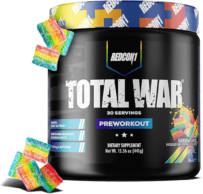 REDCON1 Total War Pre Workout Rainbow Candy - Beta Alanine + Citrulline Malate Keto Friendly Preworkout for Men &amp Women with 320mg of Caffeine - Fast Acting (30 Servings)