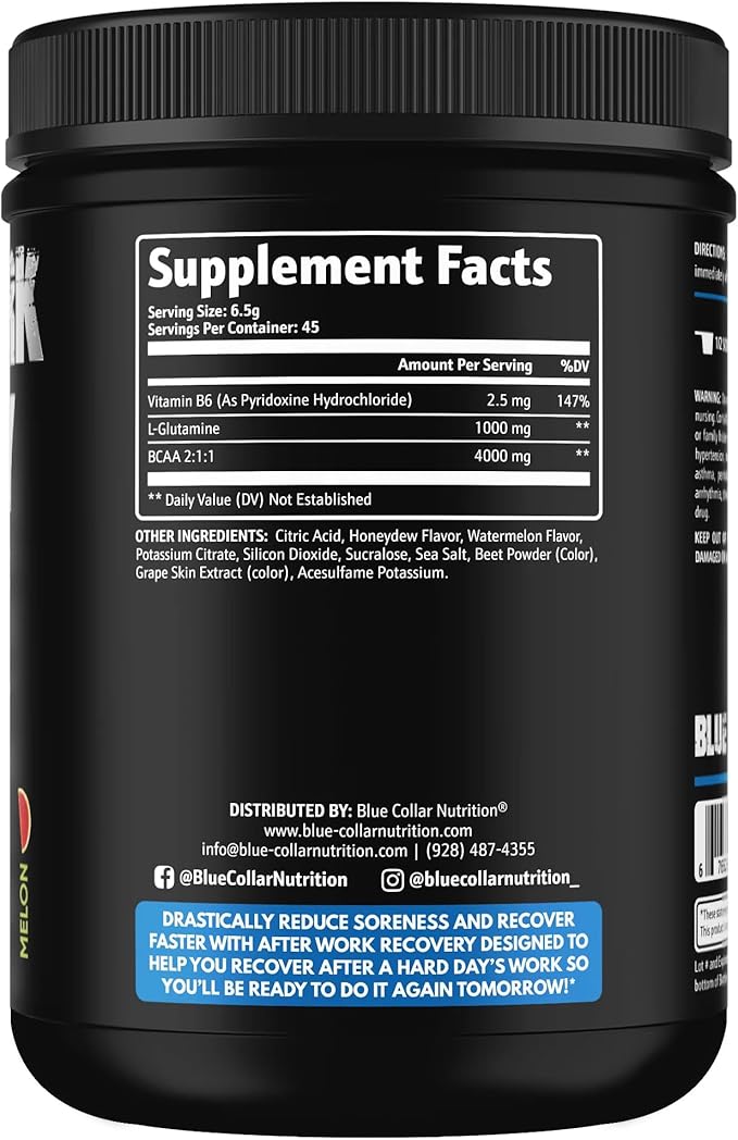BLUE COLLAR NUTRITION After Work Recovery – Powder 50 Servings – Revitalize Recover and Conquer (Melon)