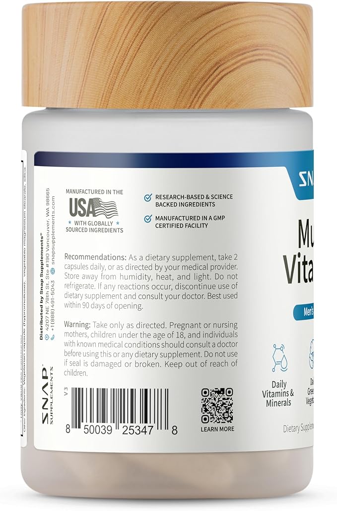Snap Supplements Men's Multivitamins - Daily Vitamins &amp Minerals for Men - Vitamin D B12 Zinc Herbs &amp Vitamin C for Energy &amp Immune Support Multivitamin for Men 60 Capsules