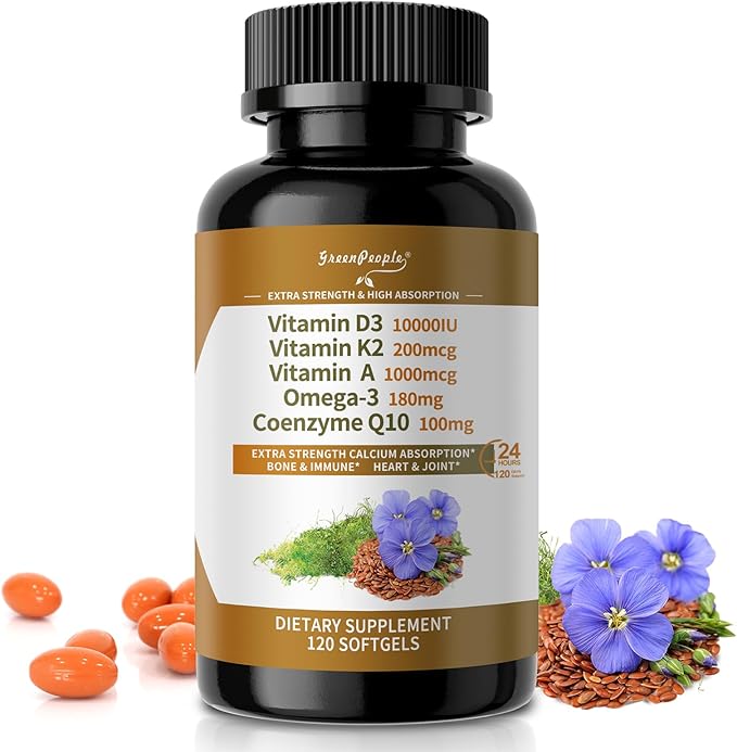 GREENPEOPLE Vitamin D3 K2 Softgel - 5-in-1 D3 K2 Vitamin 10000 iu 200 mcg K2 MK7 VIT A Omega-3 &amp CoQ10 for Ultimate Absorption - K2 D3 Vitamin Supplement Support Ca Absorption Heart &amp Bone