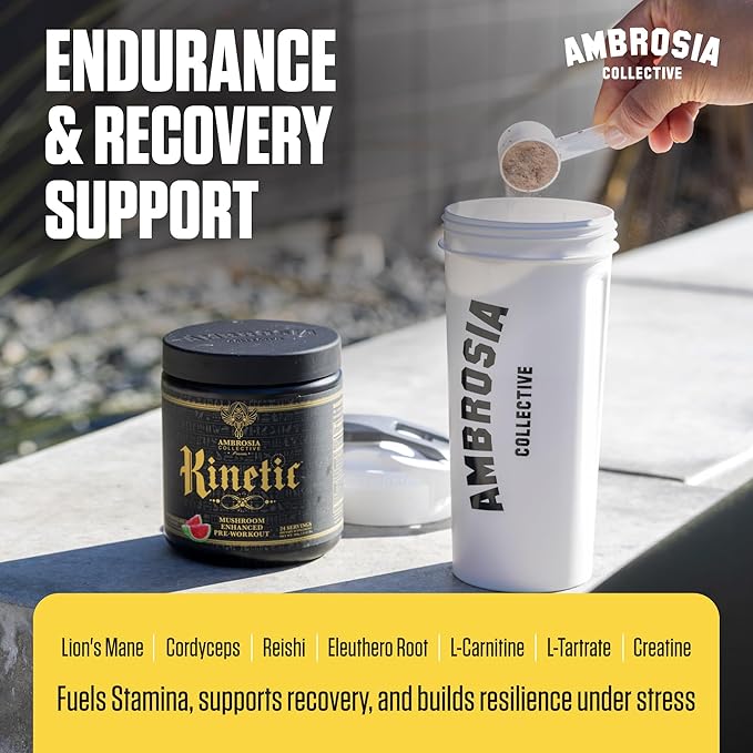Ambrosia Kinetic - Organic Pre Workout Powder | Mushroom-Enhanced Natural Pre Workout | Nootropic Superfood Powder for Clean Energy Focus Recovery | 24 Servings | Tropical Lime