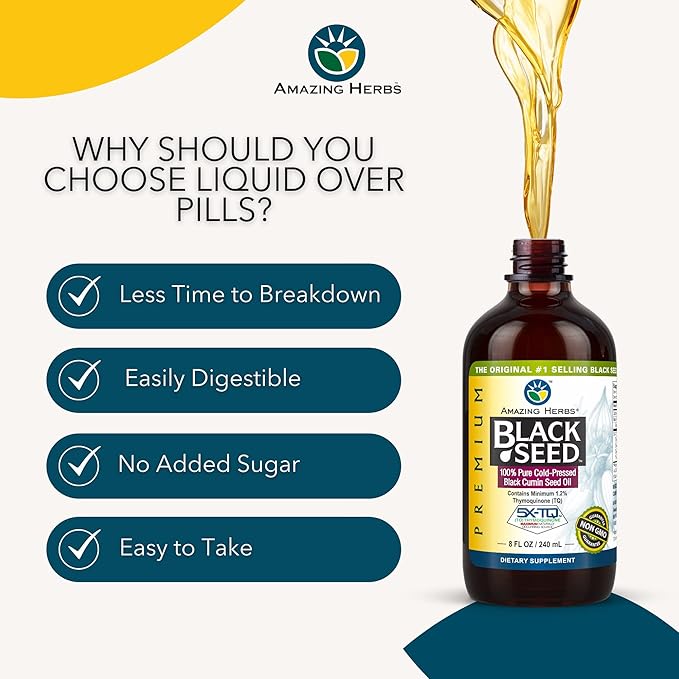 Amazing Herbs Premium Black Seed Oil - Gluten Free Non GMO Cold Pressed Nigella Sativa Aids in Digestive Health Immune Support Brain Function - 8 Fl Oz