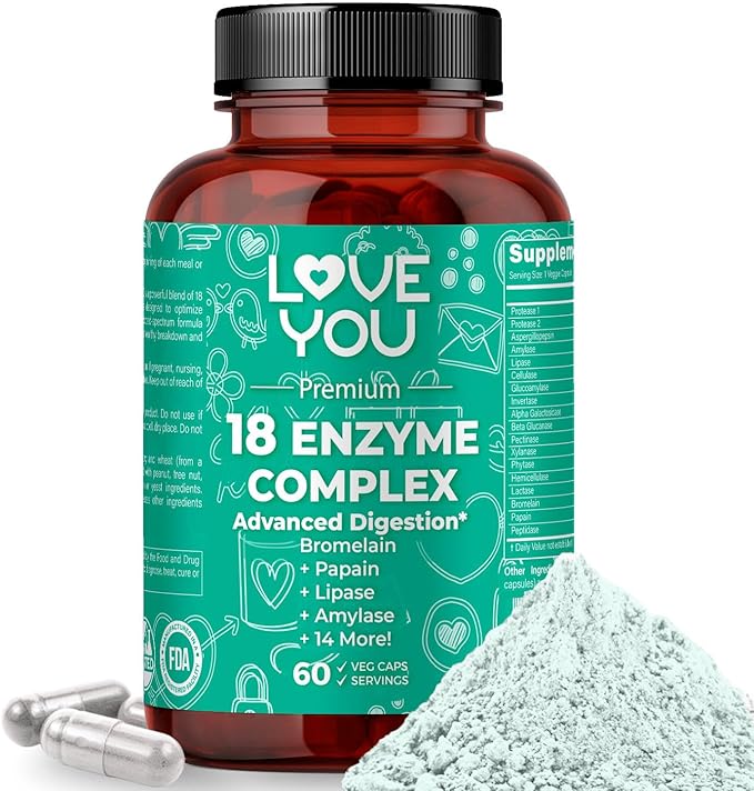Love You 18 Enzyme Complex – Broad Spectrum Digestive Support with Amylase Bromelain and Papain – Promotes Nutrient Absorption and Healthy Digestion 60 Veggie Capsules