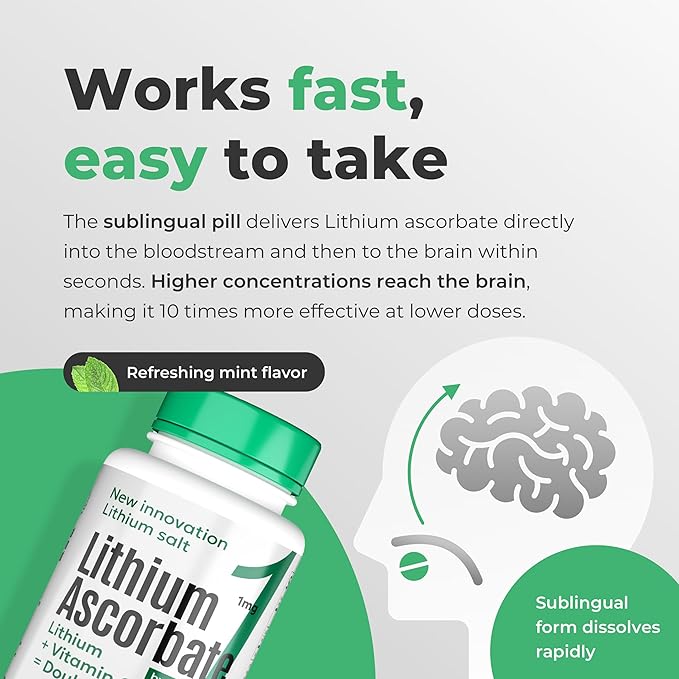 Lithium Ascorbate 1mg with Vitamin C – Brain Supplement for Focus Memory Mood &amp Stress Support – Cognitive Enhancer – 60 Tablets + Bonus Lithium Orotate (120 Tablets)