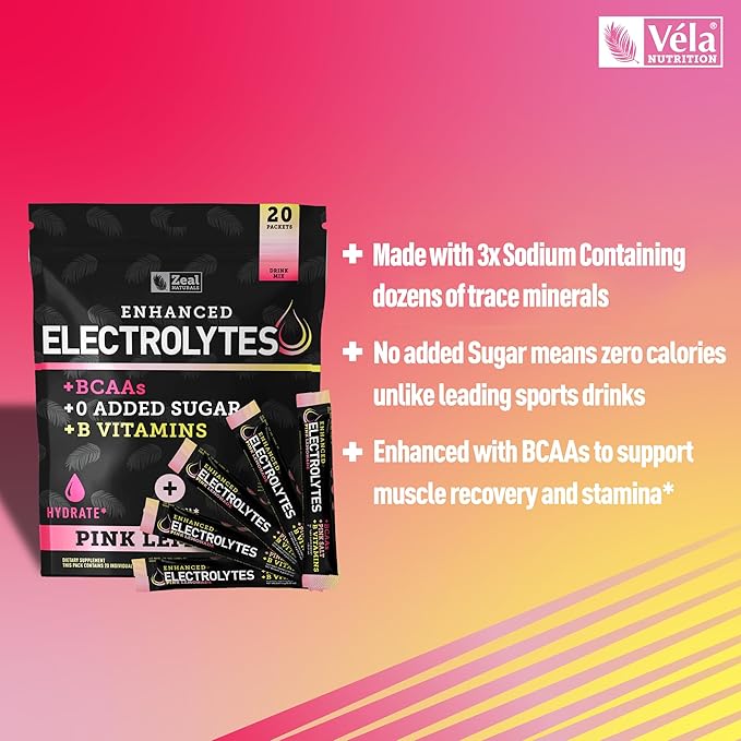 Zeal Naturals Enhanced Electrolyte Powder Stick Packs (Pink Lemonade - 20 Packets) Sugar Free + BCAA B-Vitamins &amp Pink Himalayan Salt - Keto Electrolytes Hydration Powder