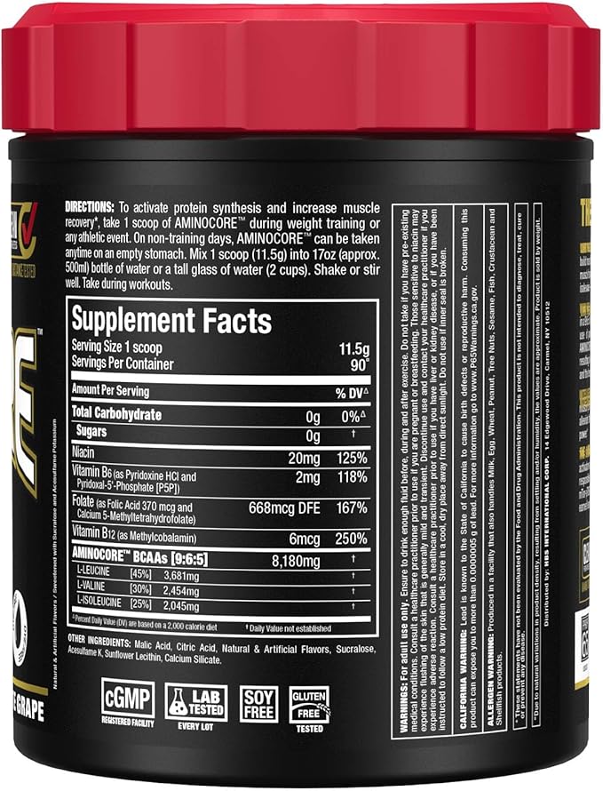 ALLMAX AMINOCORE BCAA Powder for Workout Muscle Recovery &amp Increased Endurance - Sugar Free No Fillers 8.18 Grams Bcaas Amino Acids B Vitamins for Women and Men- 90 Servings | White Grape 1035g