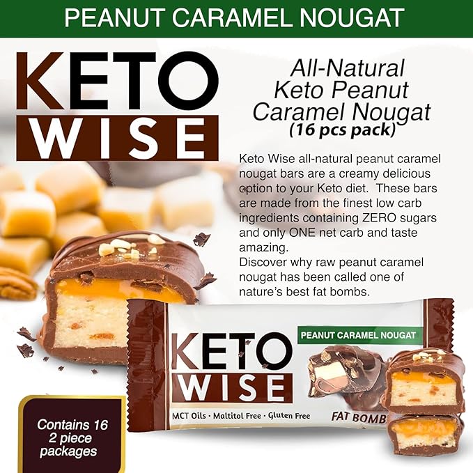 Keto Wise Fat Bombs - Made with Chocolate containing MCT Oil - Low Fat Low Carb and Keto Friendly Snack - 7g Fat 2g Net Carbs | Peanut Caramel Nougat Pack of 16
