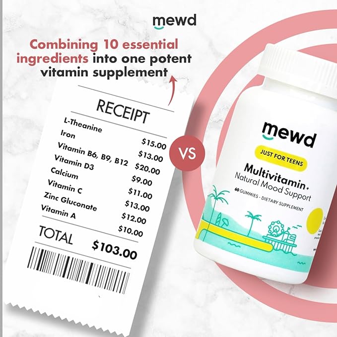 MEWD Teen and Kids Mood Support Multivitamin Gummies - Natural Focus &amp Calm with L-Theanine Vitamins A C D3 B6 B9 &amp B12 Plus Zinc &amp Iron - Vegan Immune Booster Gluten-Free Brain Hea