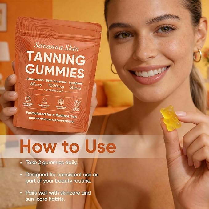 Savanna Skin Tanning Gummies with Astaxanthin Beta-Carotene Lycopene &amp Vitamins Radiant Healthy Skin Vitality Support &amp Hydration Vegan Sugar-Free Sour Watermelon Flavor 60 Count (1)