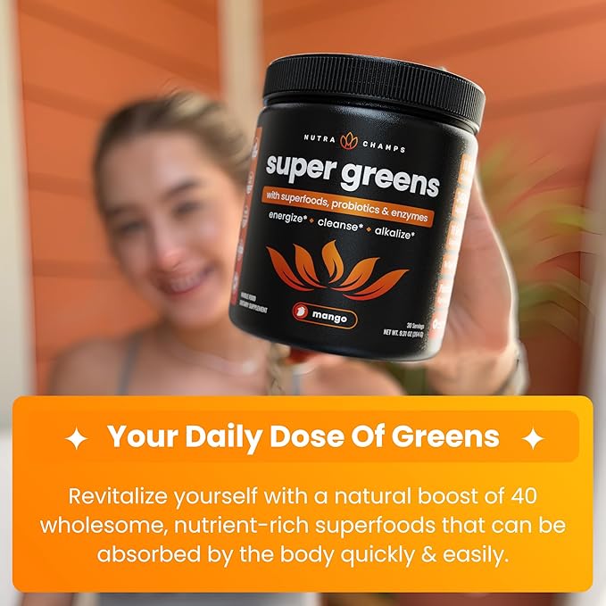 NutraChamps Super Greens Powder Premium Superfood | 20+ Organic Green Veggie Whole Foods | Wheat Grass Spirulina Chlorella | Antioxidant Digestive Enzyme &amp Probiotic Blends (9.0 OZ Mango)