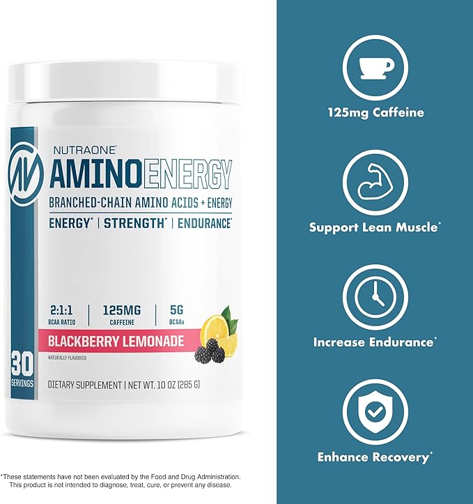 NutraOne Amino Energy BCAA Powder Pre-Workout Supplement with Caffeine Branched Chain Amino Acids to Help Fuel and Recover* (Berry Lemonade - 30 Servings)