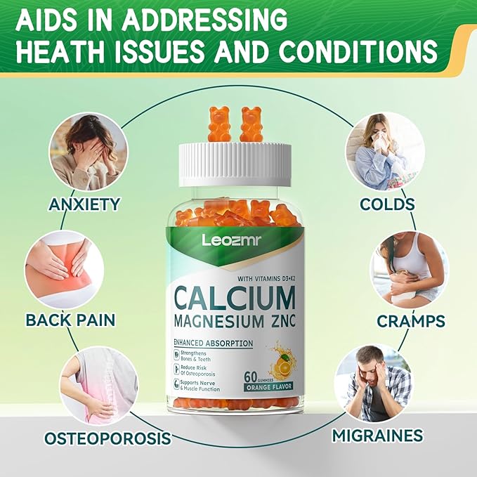 Calcium Magnesium Zinc Gummies with Vitamin D3 &amp K2 - High Potency Enhanced Absorption -120 Orange Gummies Flavored
