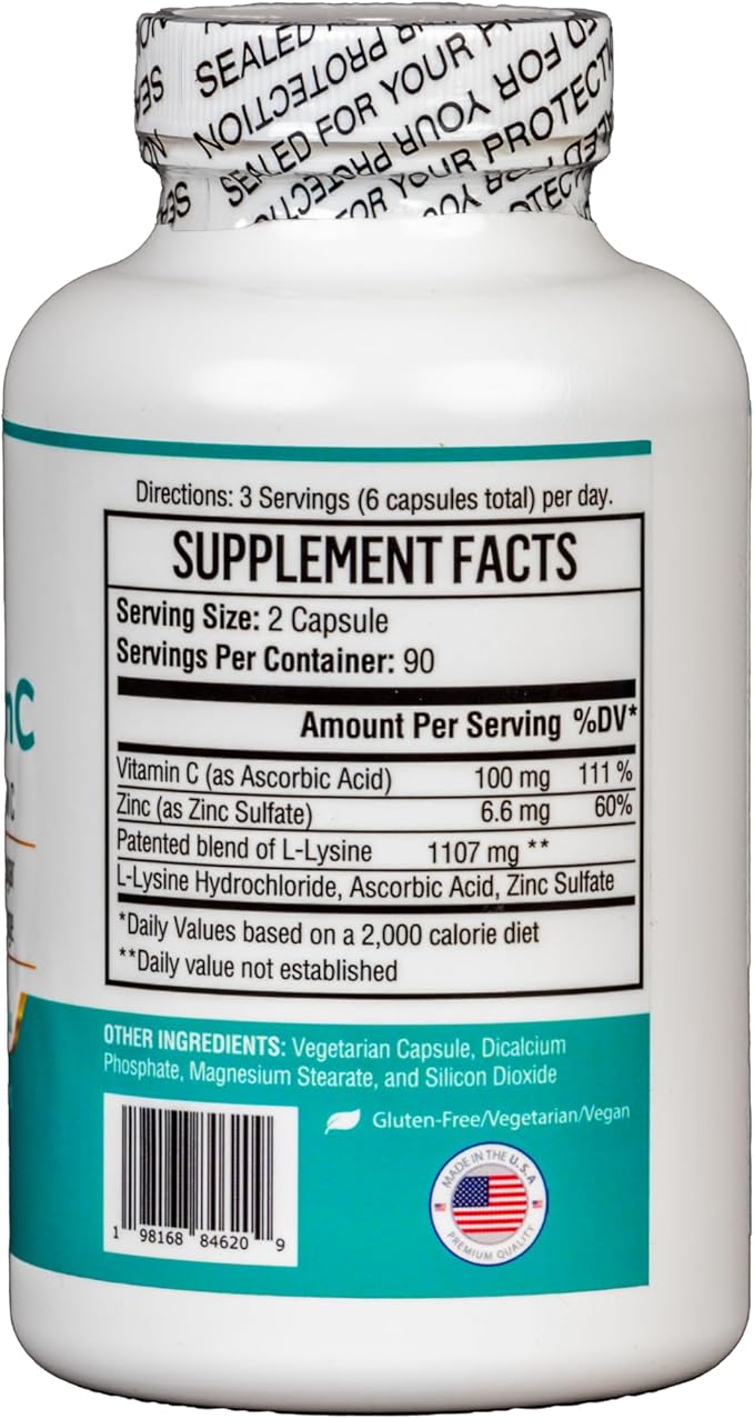 Max-LyZinC: L-Lysine 1100mg + Zinc 6 mg + Vitamin C 100 mg - 3-in-1 Supplement for Maintaining Blood Sugar Already in The Healthy Range - 180 Capsules / 30-Day Supply