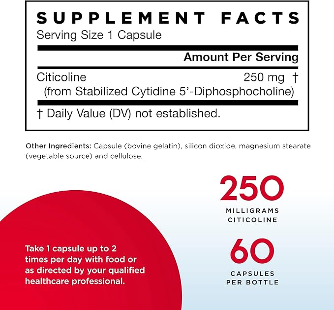 Jarrow Formulas Citicoline (CDP Choline) 250 mg - 60 Capsules Pack of 2 - Supports Brain Health &amp Attention Performance - Up to 120 Total Servings