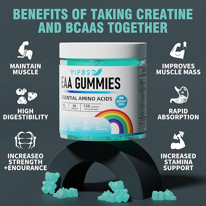 VIFSSG EAA Gummies 120 Gummies (Blue Raspberry) Essential Amino Acids - All 9 Essential Aminos (EAA) and All Branched-Chain Aminos (BCAAs) Non-GMO Gluten Free Vegetarian Friendly 2 Pack