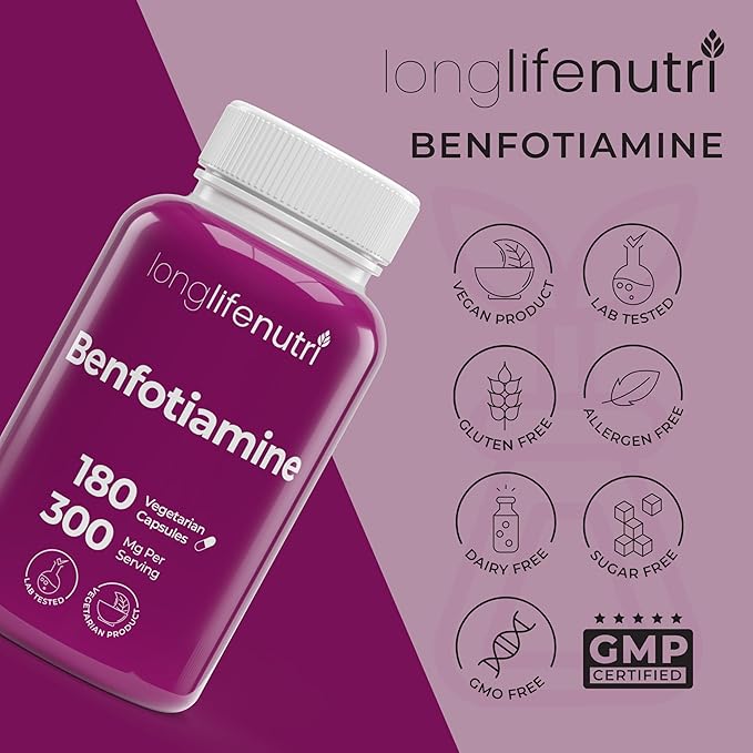 LongLifeNutri Benfotiamine 300mg – 180 Vegetarian Capsules 6-Month Supply Fat-Soluble B1 Thiamine Supplement for Energy and Wellness Lab Tested Made in USA