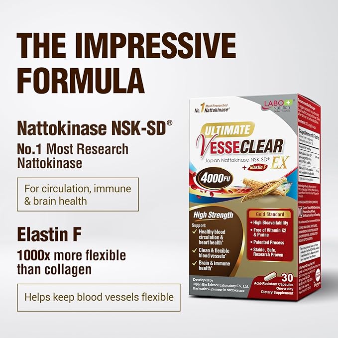 LABO Nutrition Ultimate VesseCLEAR EX Nattokinase NSK-SD 4000FU &amp Elastin F Vessel Circulation &amp Brain Health Support Japanese Supplement Shelf Stable Acid Resistant DRCaps Delayed Release C