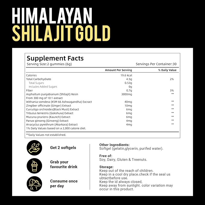 VivoNu Himalayan* Shilajit* Gummies with Ashwagandha* &amp Gokshura | 85+ Trace Minerals &amp Fulvic Acid | Organic Micronutrient Supplement for Men &amp Women (3000mg / 1 Bag)