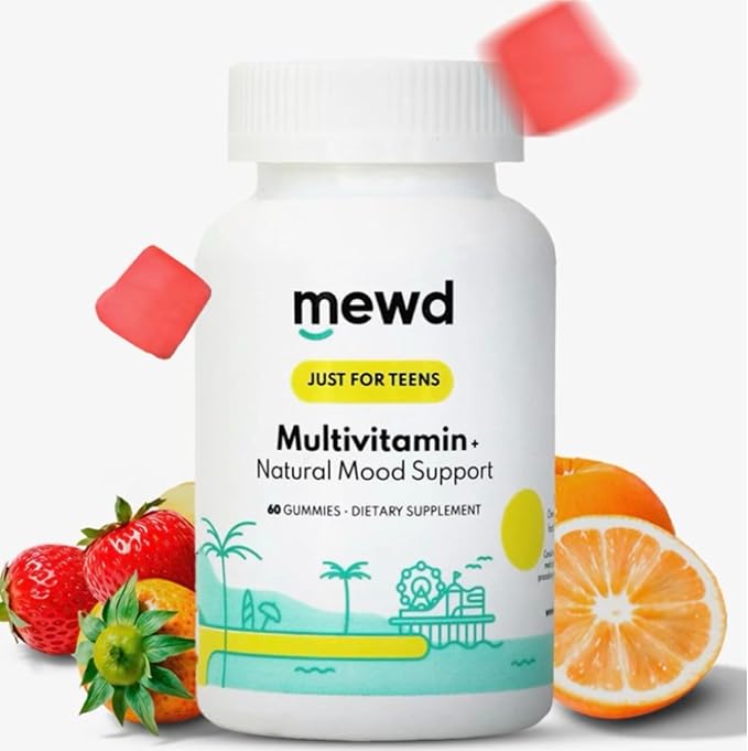MEWD Teen and Kids Mood Support Multivitamin Gummies - Natural Focus &amp Calm with L-Theanine Vitamins A C D3 B6 B9 &amp B12 Plus Zinc &amp Iron - Vegan Immune Booster Gluten-Free Brain Hea