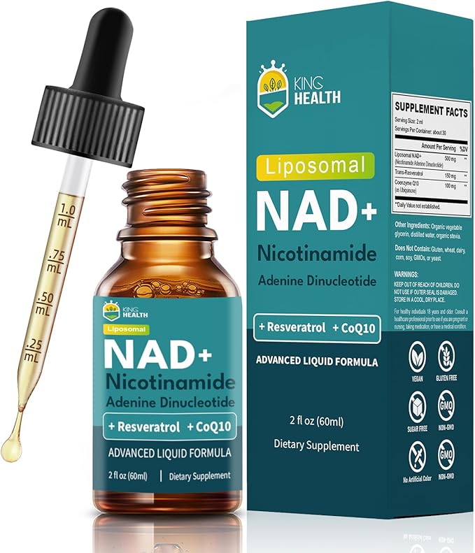 CoQ10 100mg Liposomal NAD+ 500mg Resveratrol 150mg Liquid Supplements for Women &amp Men- Boost Energy &amp Anti-Aging - Vegan Non-GMO Gluten Sugar-Free - 2 Fl Oz