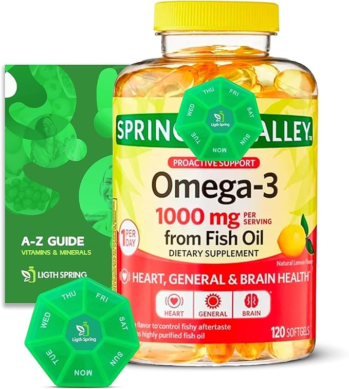 Omega-3 1000mg from Fish Oil with 120 Softgels with Bundle Exclusive Better Ligth&ampSpring Guide + Weekly Pill Organizer (3 Items)