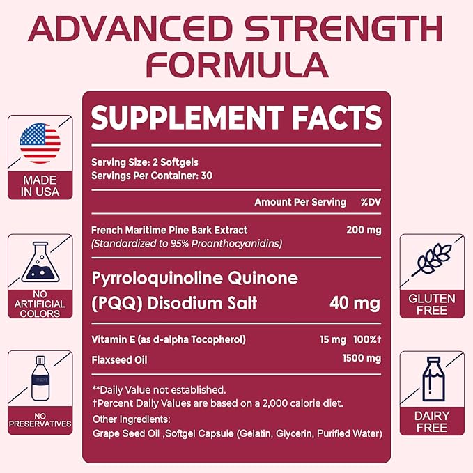200 mg Pycnogeno with PQQ Premium French Maritime Pine Bark Extract Unique Dual-Delivery for Maximum Absorption Pine Bark Extract for Vascular &amp Heart &amp Joint Function - 60 Vegan Softgels