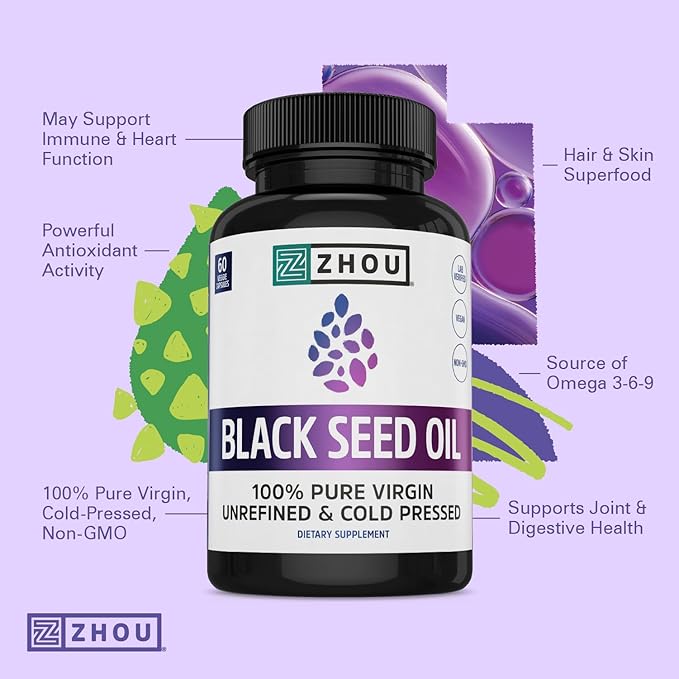 ZHOU Black Seed Oil Capsules &amp Elderberry Gummies with Vitamin C &amp Zinc - Black Cumin Seed Oil Cold Pressed Nigella Sativa Daily Immune Support Supplement for Women &amp Men - Pack of 2 60