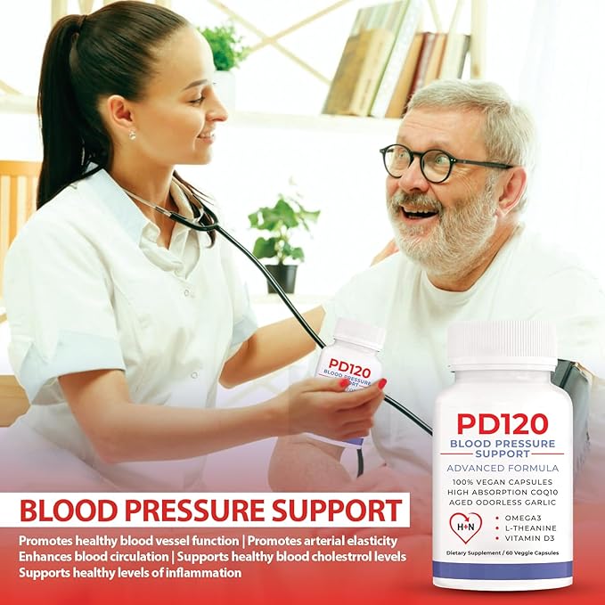 PD120 Natural Blood Pressure Support Supplement: 8-in-1 Formula with Black Odorless Garlic High-Absorption CoQ10 (Pack of 2)