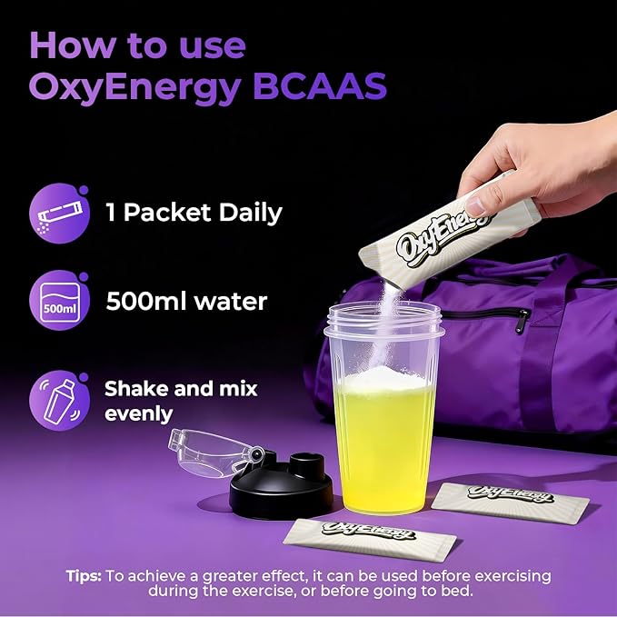 OxyEnergy BCAA 2:1:1 Powder 7g BCAAs and 2g L-Glutamine Taurine for Muscle Recovery Increased Endurance Perfect Amino Aicds for Pre &amp Post Workout Recovery Sugar Free Lemon 30 Stick Pack