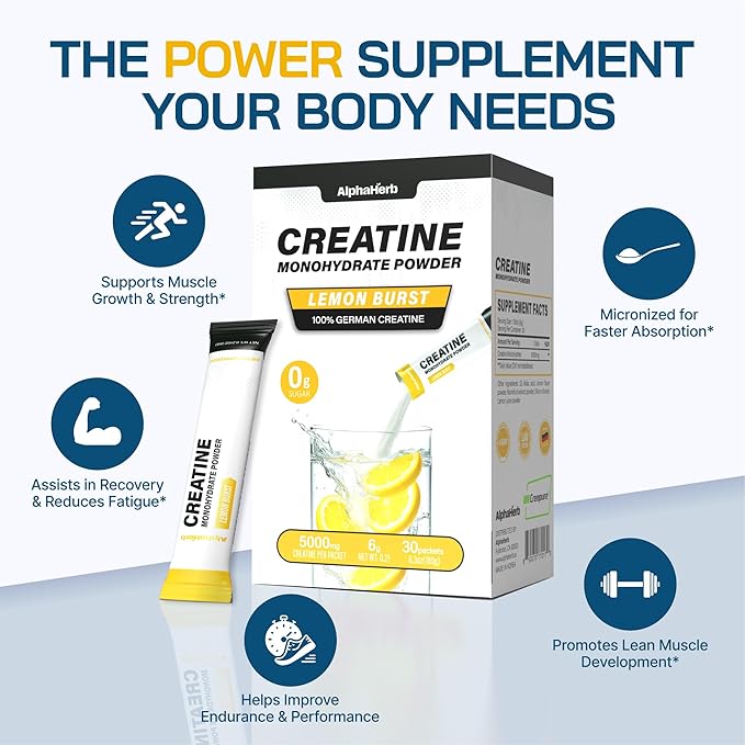 Creatine Monohydrate Powder – Creapure® German-Sourced Lemon Flavour 30 Stick Creatine Packs 5000mg Each | No Sugar No Fillers Gluten-Free