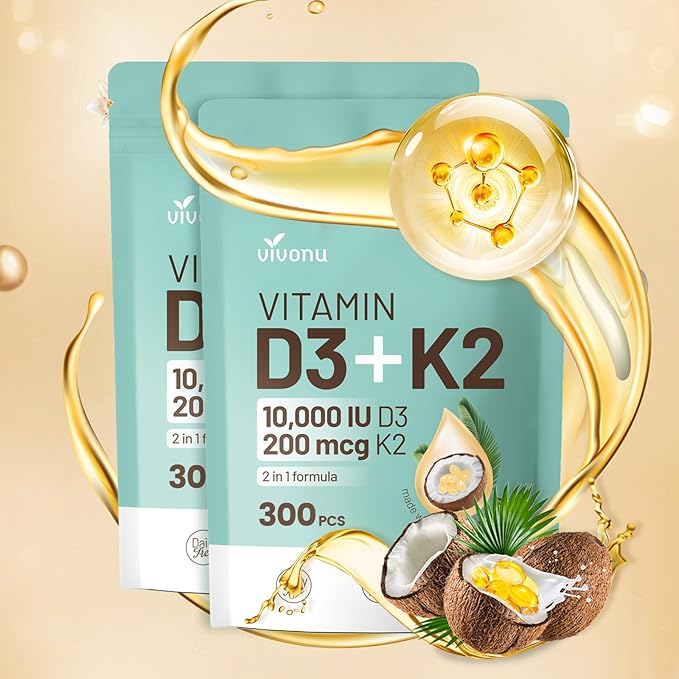 VivoNu Vitamin D3 K2 10000 IU with MK7-300 Virgin Coconut Oil Softgels 2 in 1 Vitamins D &amp K Complex | Vitamina D3 con K2 ((2Bag))