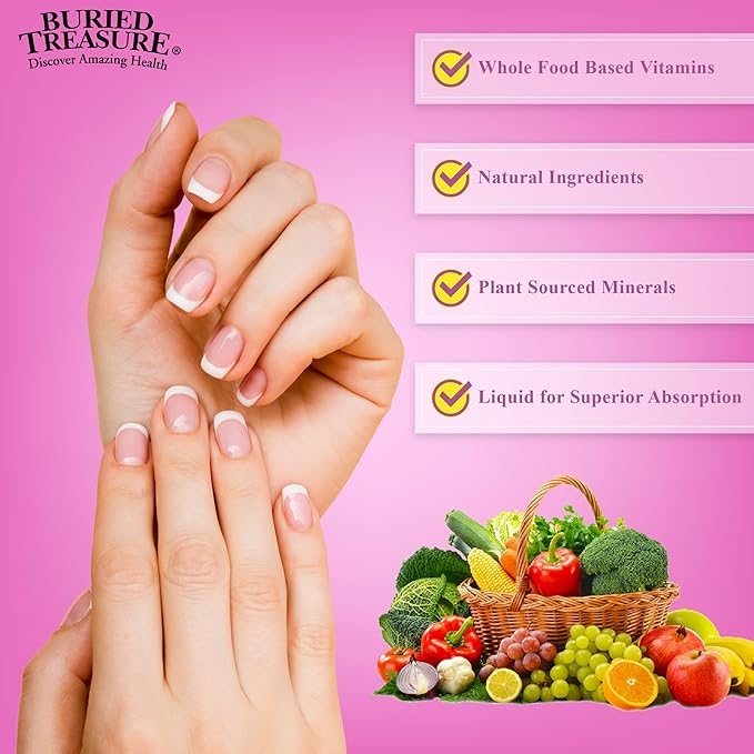 Buried Treasure Hair Skin and Nails with MSM Biotin Aloe Vera plus Vitamins and Minerals in a High Potency Liquid Whole Food Complex for Fuller Hair Stronger Nails and Clearer Skin 16 oz